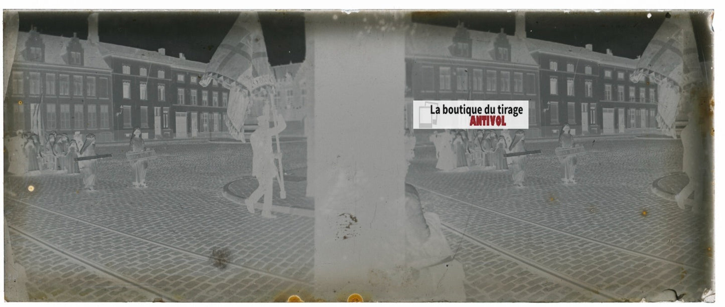 Bruges, Belgique, fête, Plaque verre stéréo, négatif noir & blanc 4,5x10,7 cm