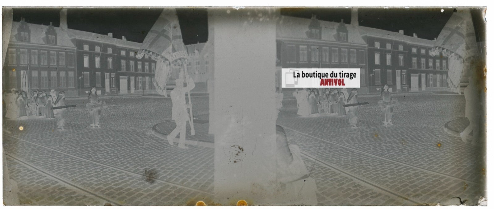 Bruges, Belgique, fête, Plaque verre stéréo, négatif noir & blanc 4,5x10,7 cm