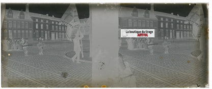 Bruges, Belgique, fête, Plaque verre stéréo, négatif noir & blanc 4,5x10,7 cm