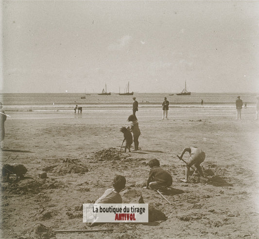 Enfants, plage, Quiberon, Bretagne, plaque verre photo ancienne stéréo 6x13 cm