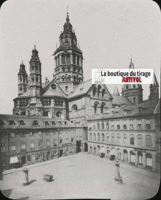 Cathédrale de Mayence, Allemagne, photo ancienne plaque verre, positif 8,5x10 cm