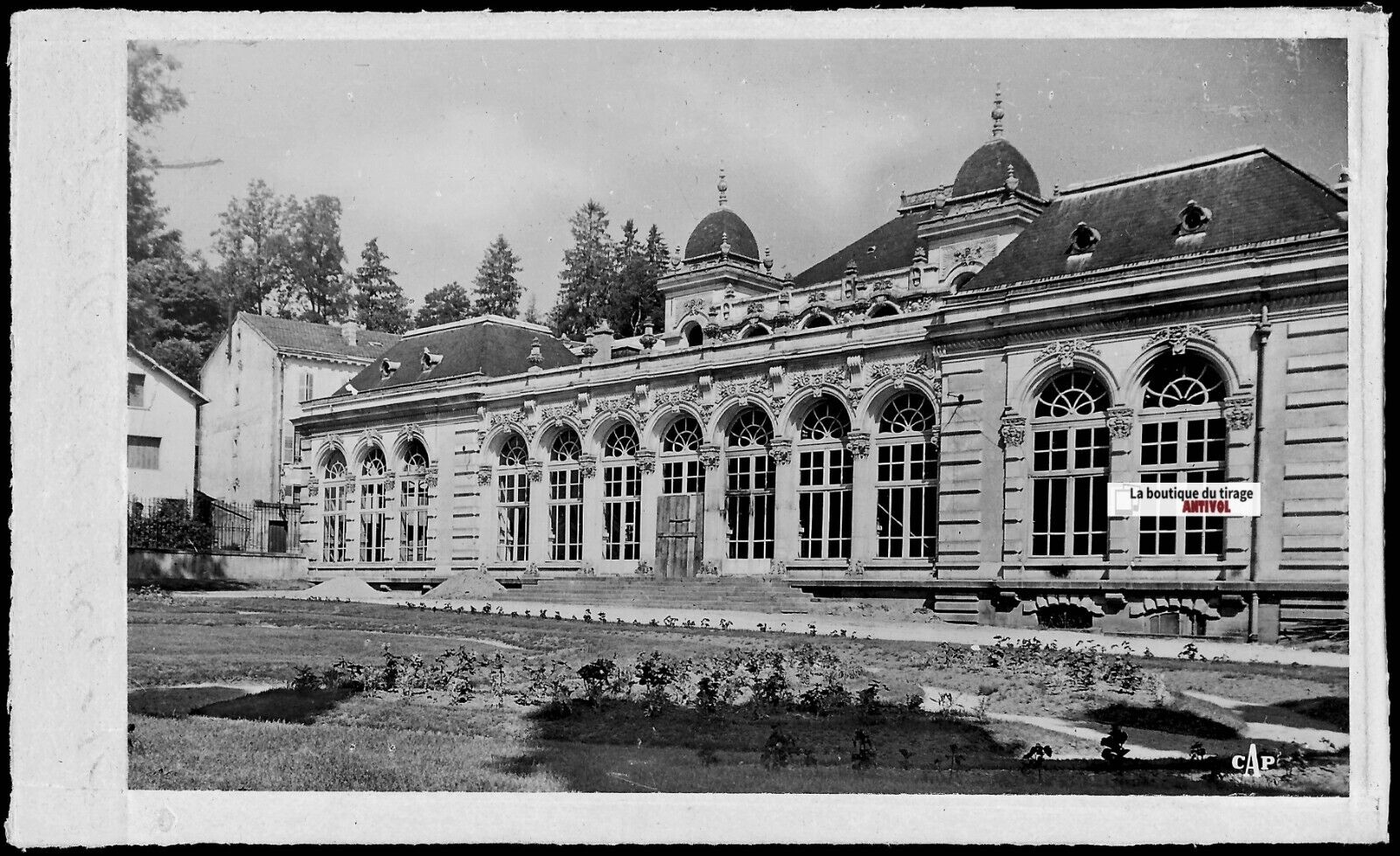 Plaque verre photo ancienne, négatif noir & blanc 9x14 cm, Contrexéville, casino