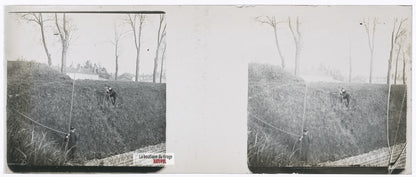 Exercices du génie militaire, plaque verre stéréo, photo ancienne 4,5x10,7 cm