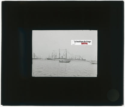 Japon, Bateaux, voiliers,  photo plaque verre, noir & blanc, positif 8,5x10 cm