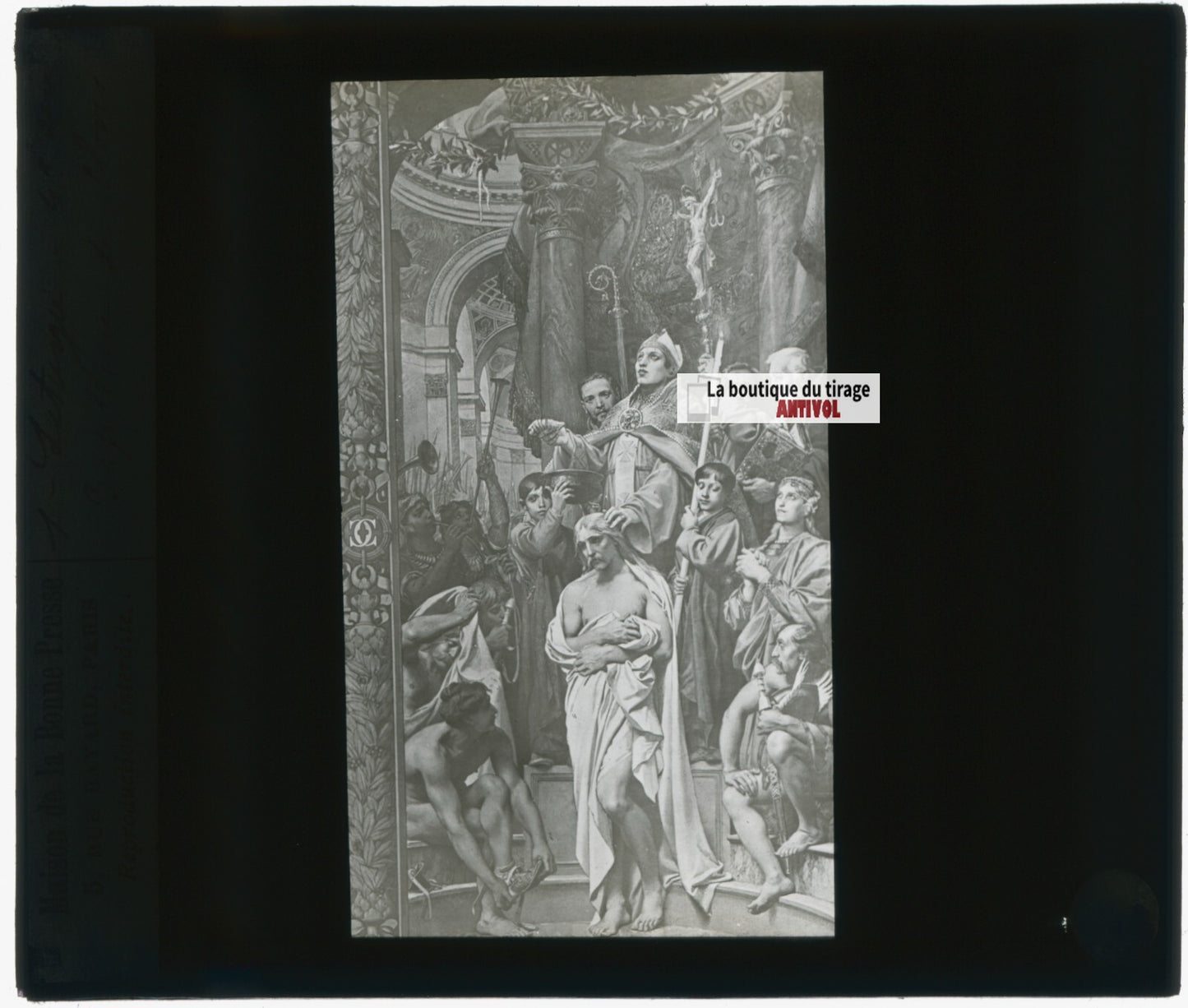 Scène religieuse, dessin, plaque de verre, noir & blanc, positif 8,5x10 cm