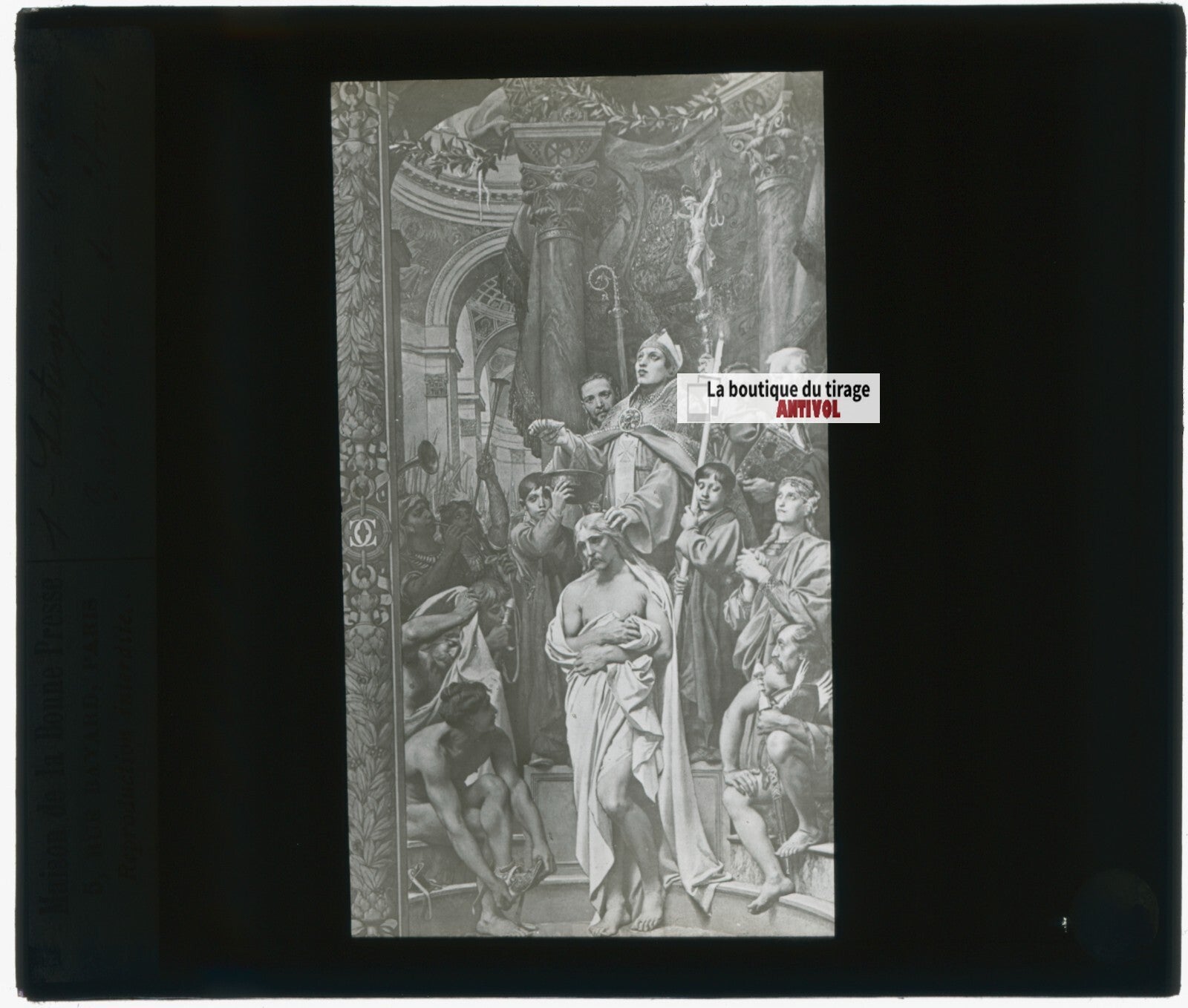 Scène religieuse, dessin, plaque de verre, noir & blanc, positif 8,5x10 cm