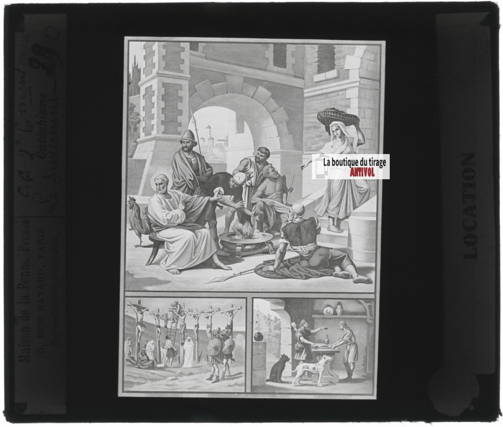 Scène religieuse, catéchisme, dessin peinture, plaque verre, positif 8,5x10 cm