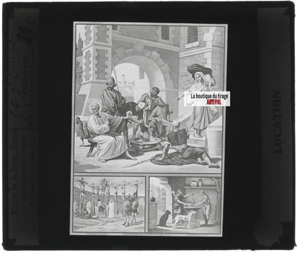 Scène religieuse, catéchisme, dessin peinture, plaque verre, positif 8,5x10 cm