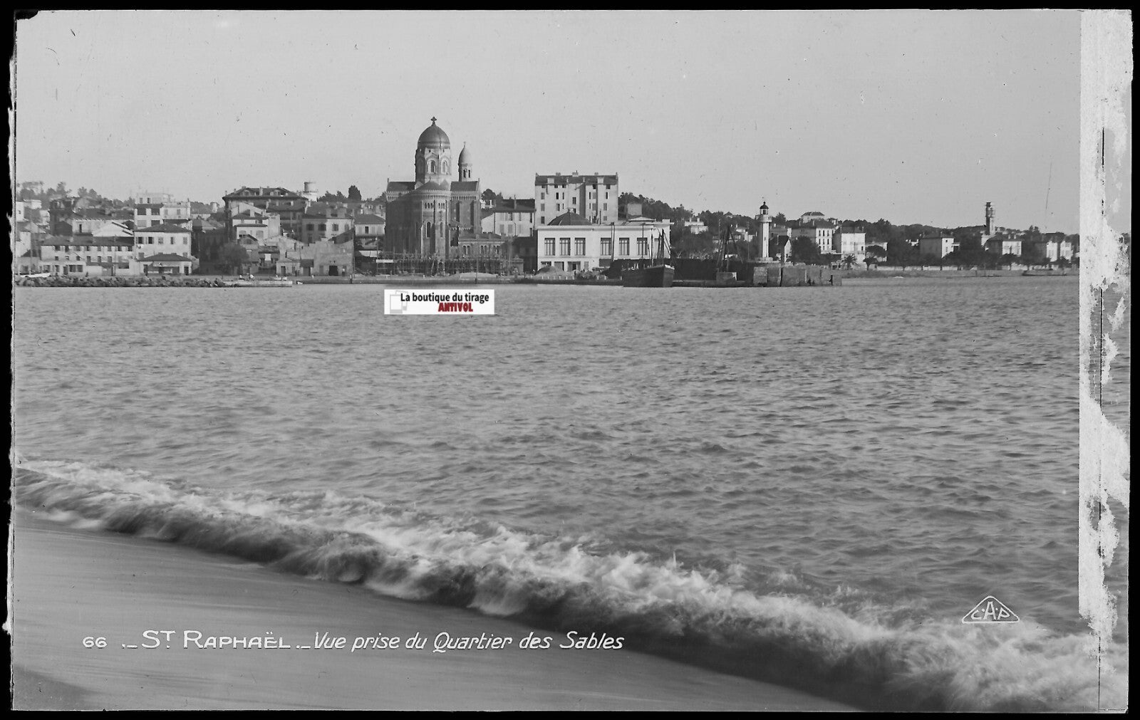 Plaque verre photo, négatif noir & blanc 9x14 cm, Saint-Raphaël, mer, bateau