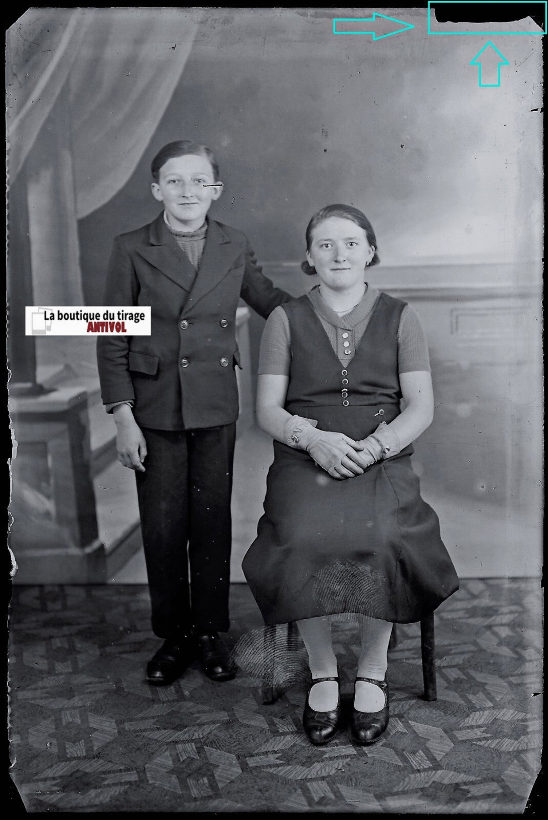 Famille personnages, Plaque verre photo, négatif noir & blanc 10x15 cm France