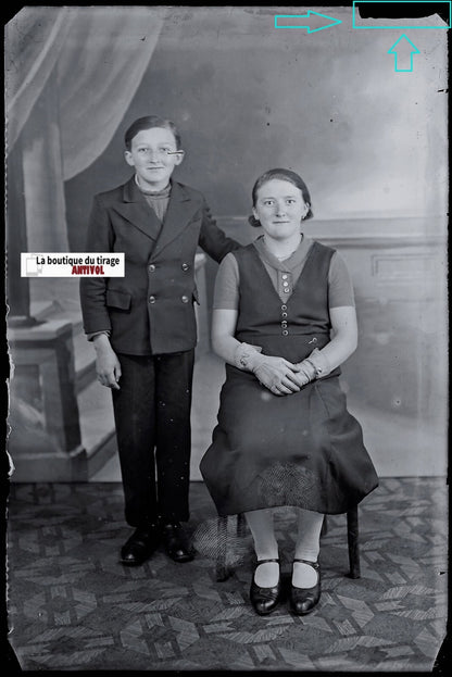 Famille personnages, Plaque verre photo, négatif noir & blanc 10x15 cm France