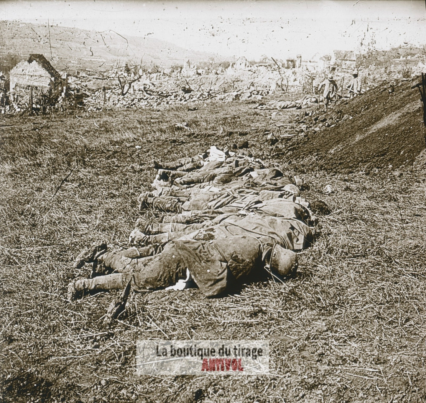 Chavonne, cadavres allemands, WW1, plaque verre photo ancienne stéréo 6x13 cm