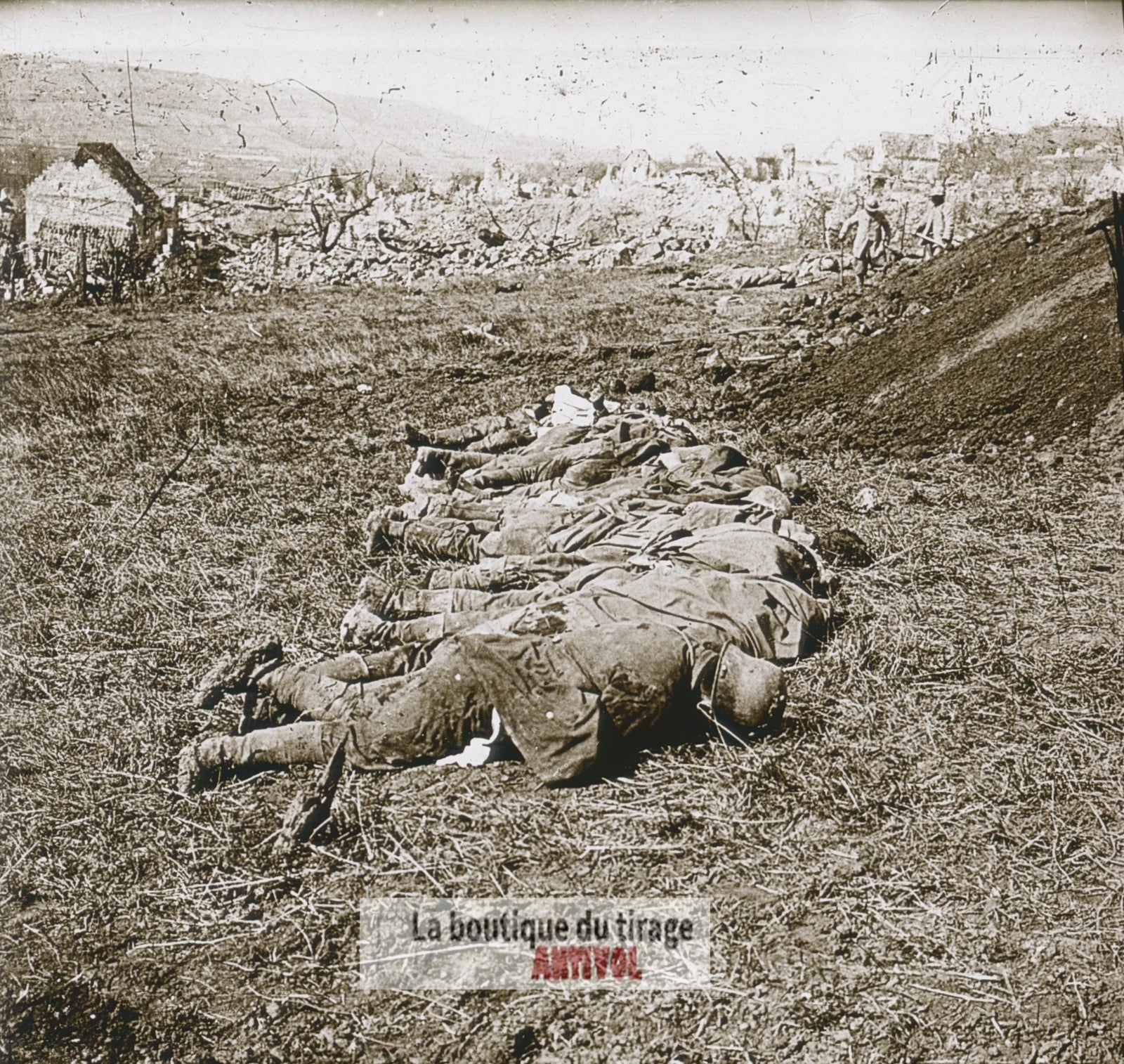 Chavonne, cadavres allemands, WW1, plaque verre photo ancienne stéréo 6x13 cm