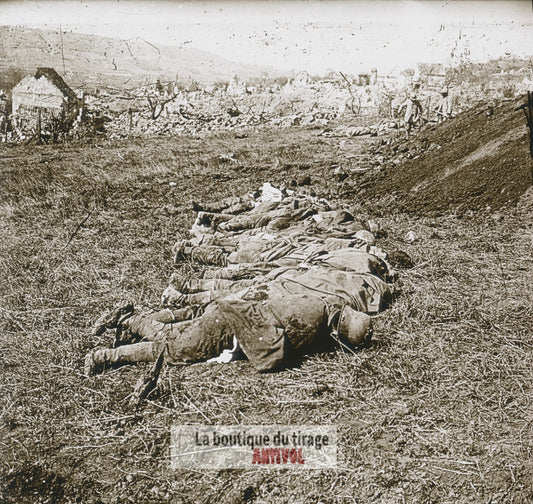 Chavonne, cadavres allemands, WW1, plaque verre photo ancienne stéréo 6x13 cm