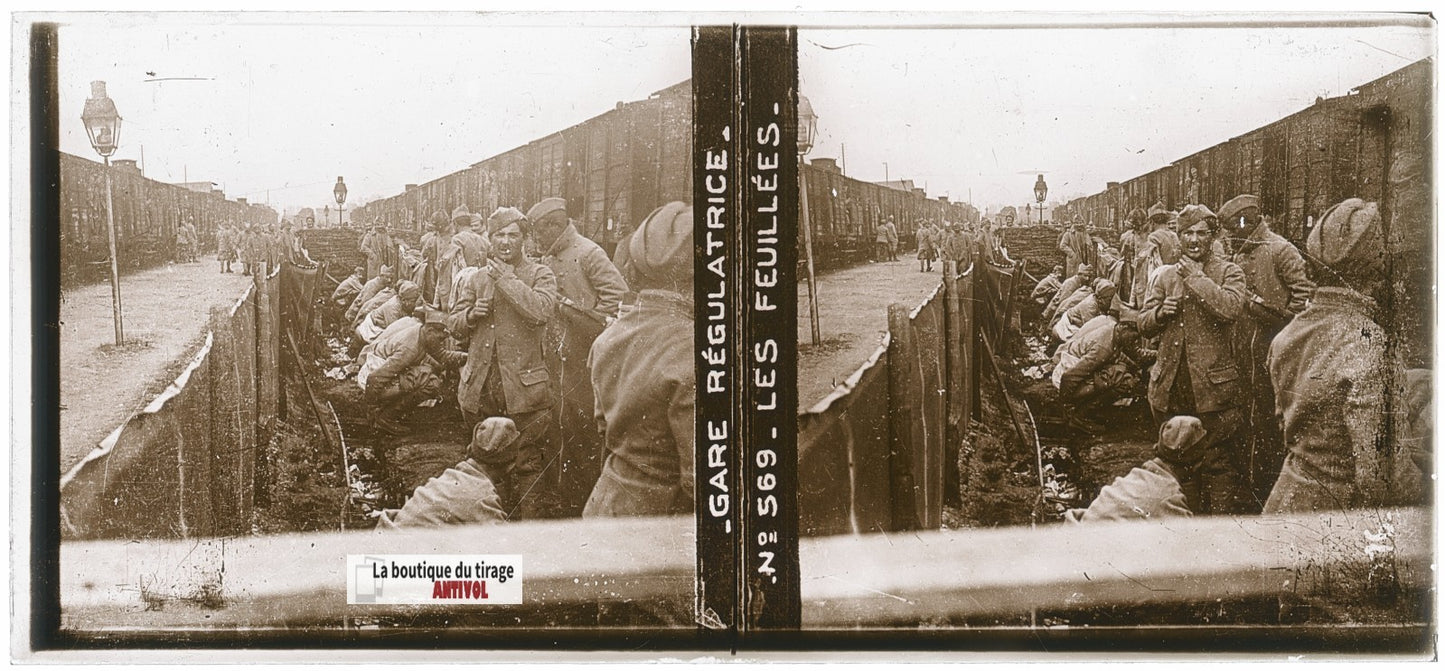 Les Feuillées, gare train WW1, plaque verre, photo ancienne stéréo 6x13 cm