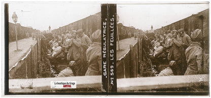 Les Feuillées, gare train WW1, plaque verre, photo ancienne stéréo 6x13 cm