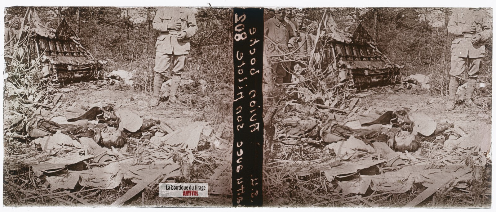 Avion allemand abattu, guerre WW1, plaque verre stéréo, photo 4,5x10,7 cm