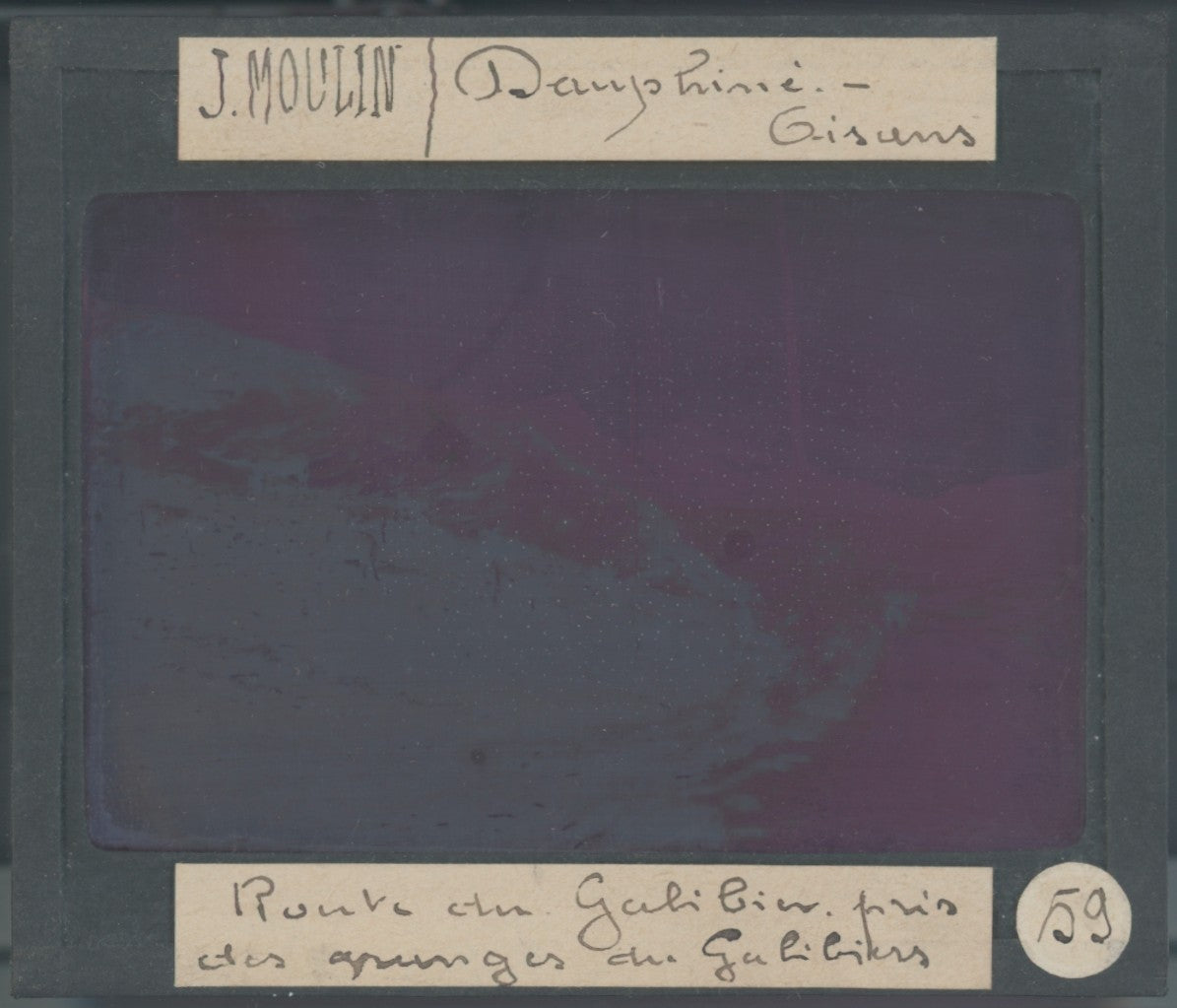 Route Galibier, vélos, photo J. Moulin, plaque verre couleur, positif 8,5x10 cm