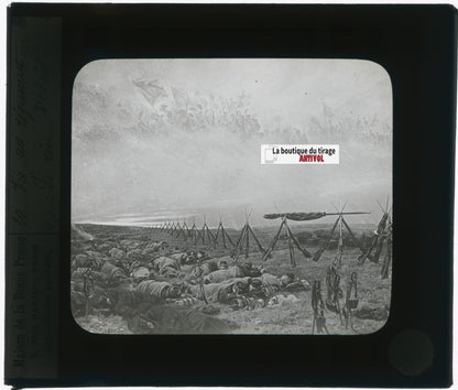 Régiment, guerre, dessin, plaque verre, noir & blanc, positif 8,5x10 cm
