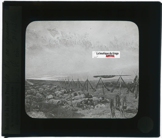 Régiment, guerre, dessin, plaque verre, noir & blanc, positif 8,5x10 cm