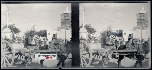Algérie, marché, plaque verre, photo stéréo, négatif noir & blanc 6x13 cm