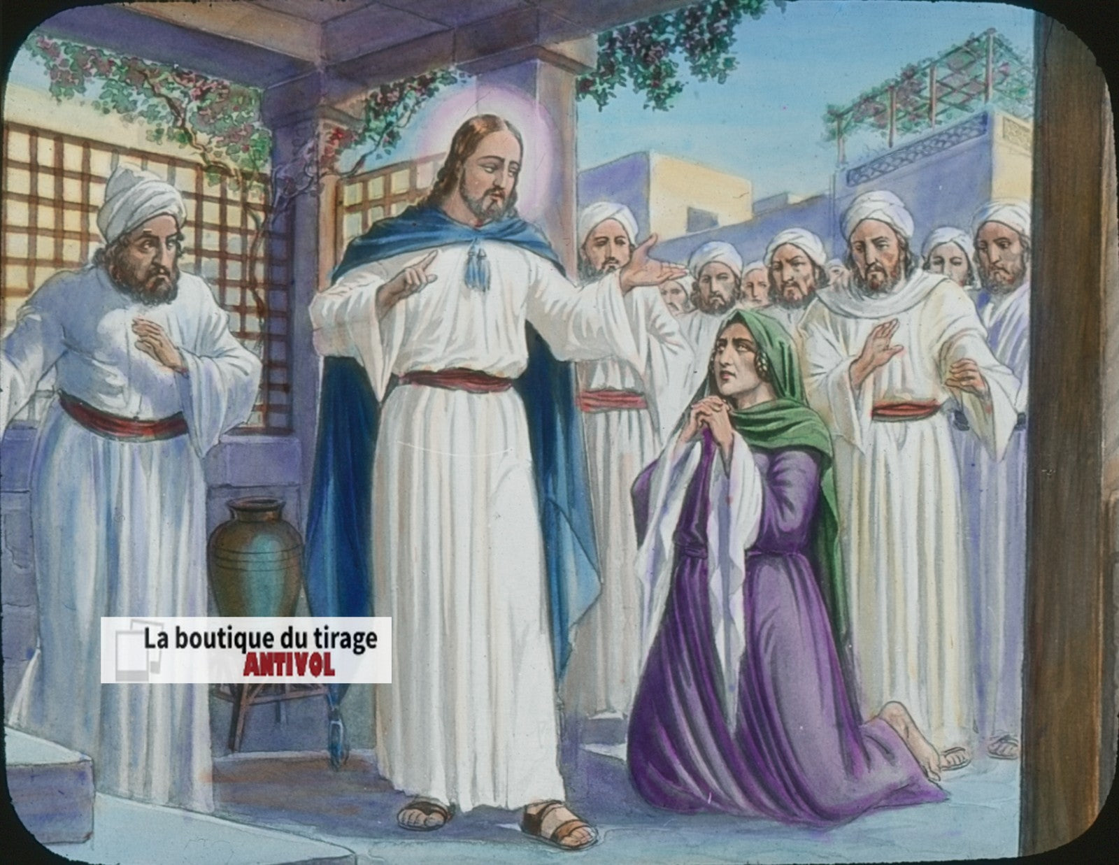 La Chananéenne, Jésus, dessin, plaque verre ancienne, couleur 8,5x10 cm