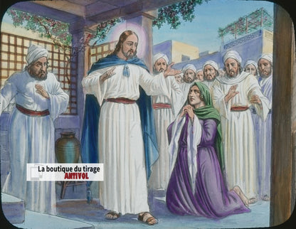 La Chananéenne, Jésus, dessin, plaque verre ancienne, couleur 8,5x10 cm