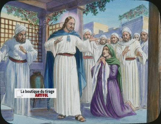 La Chananéenne, Jésus, dessin, plaque verre ancienne, couleur 8,5x10 cm