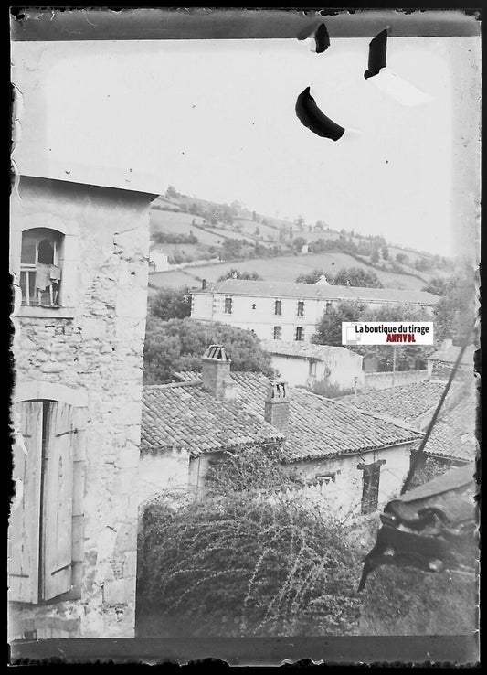 Village, France, Plaque verre photo ancienne, négatif noir & blanc 6x9 cm