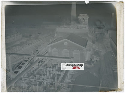 Usine, industrie, photo ancienne plaque verre, négatif noir & blanc, 9x12 cm