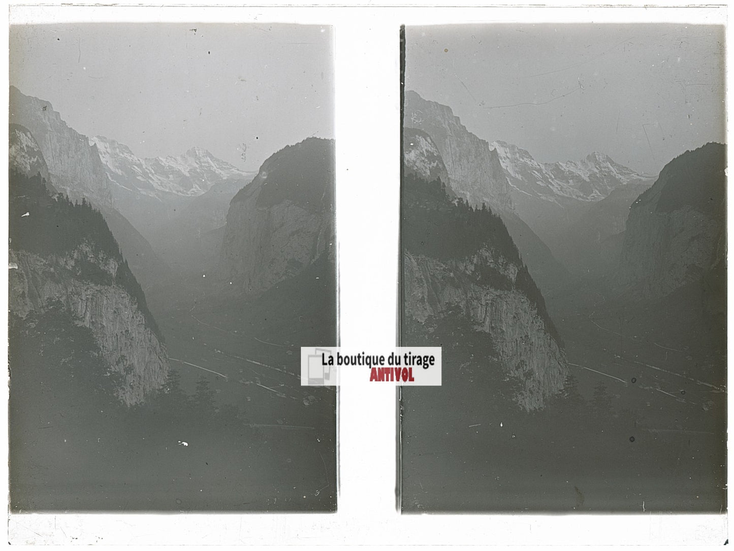 Lauterbrunnen, Alpes Suisse, stéréo photo plaque verre, noir & blanc, 9x12 cm