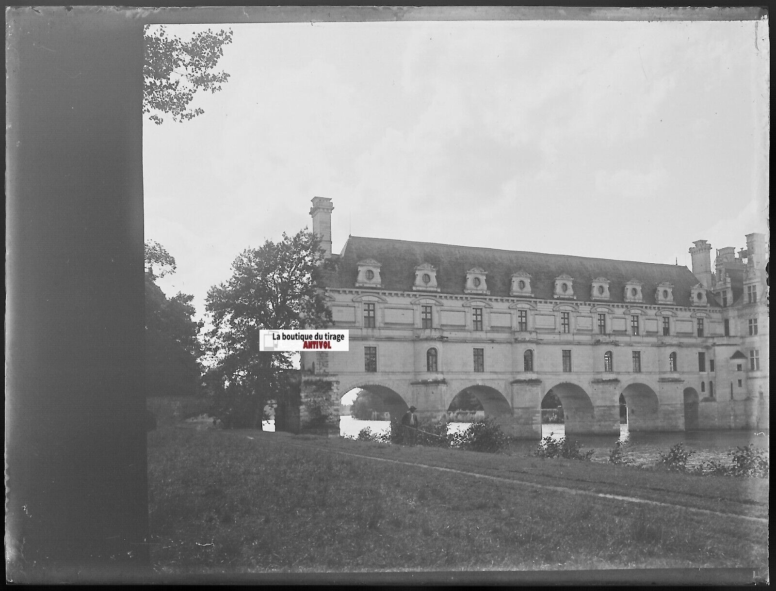 Château de Chenonceau, Plaque verre photo ancienne, négatif noir & blanc 9x12 cm