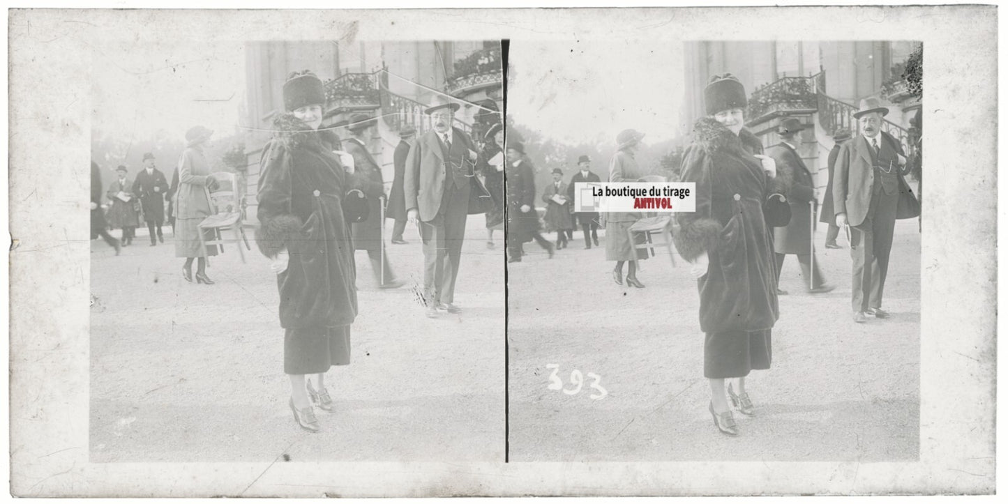 Personnages, Longchamp, Paris, plaque verre stéréoscopique, positif 8,5x17 cm