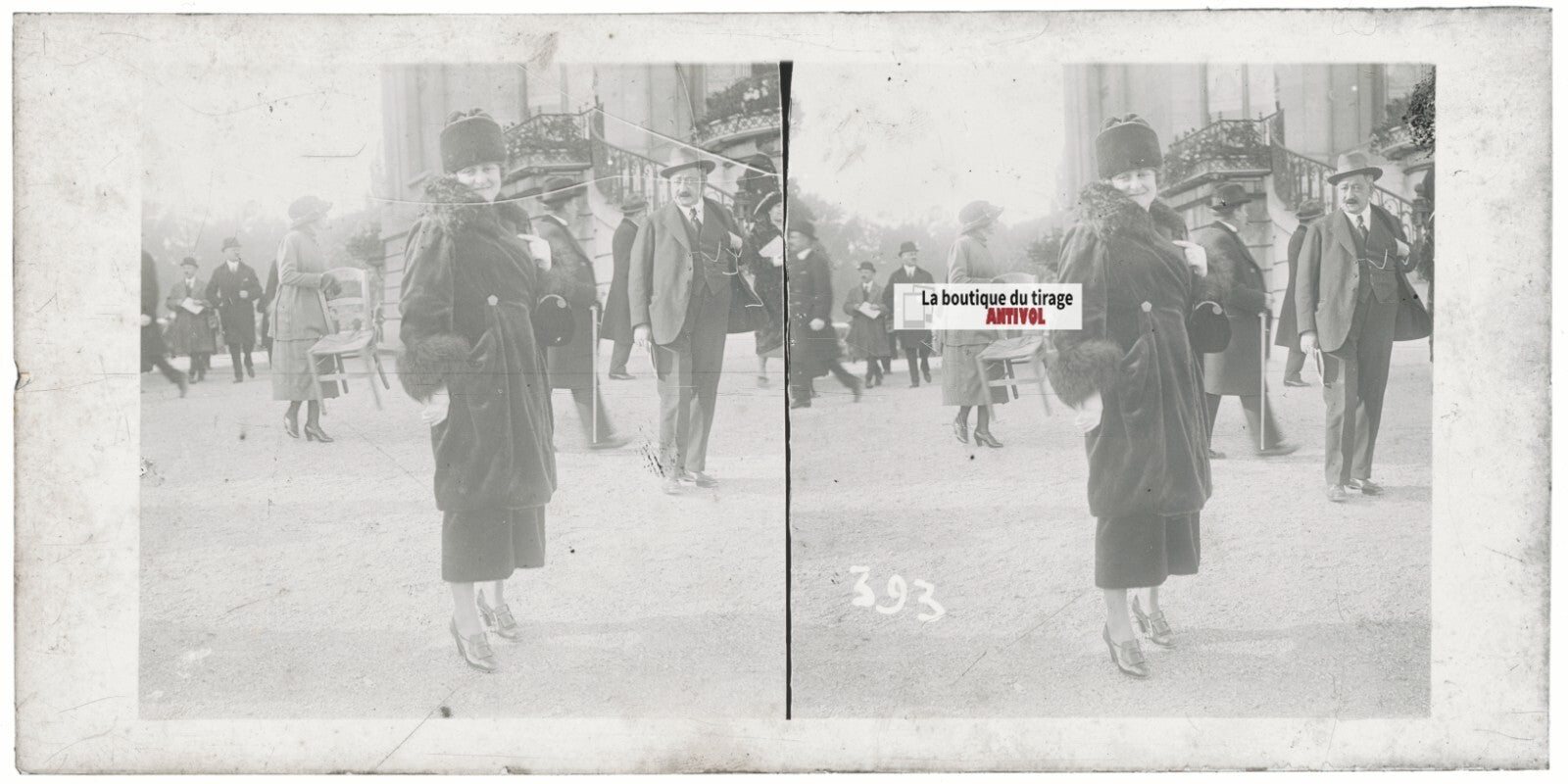 Personnages, Longchamp, Paris, plaque verre stéréoscopique, positif 8,5x17 cm