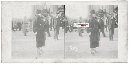 Personnages, Longchamp, Paris, plaque verre stéréoscopique, positif 8,5x17 cm