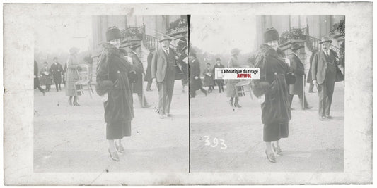 Personnages, Longchamp, Paris, plaque verre stéréoscopique, positif 8,5x17 cm