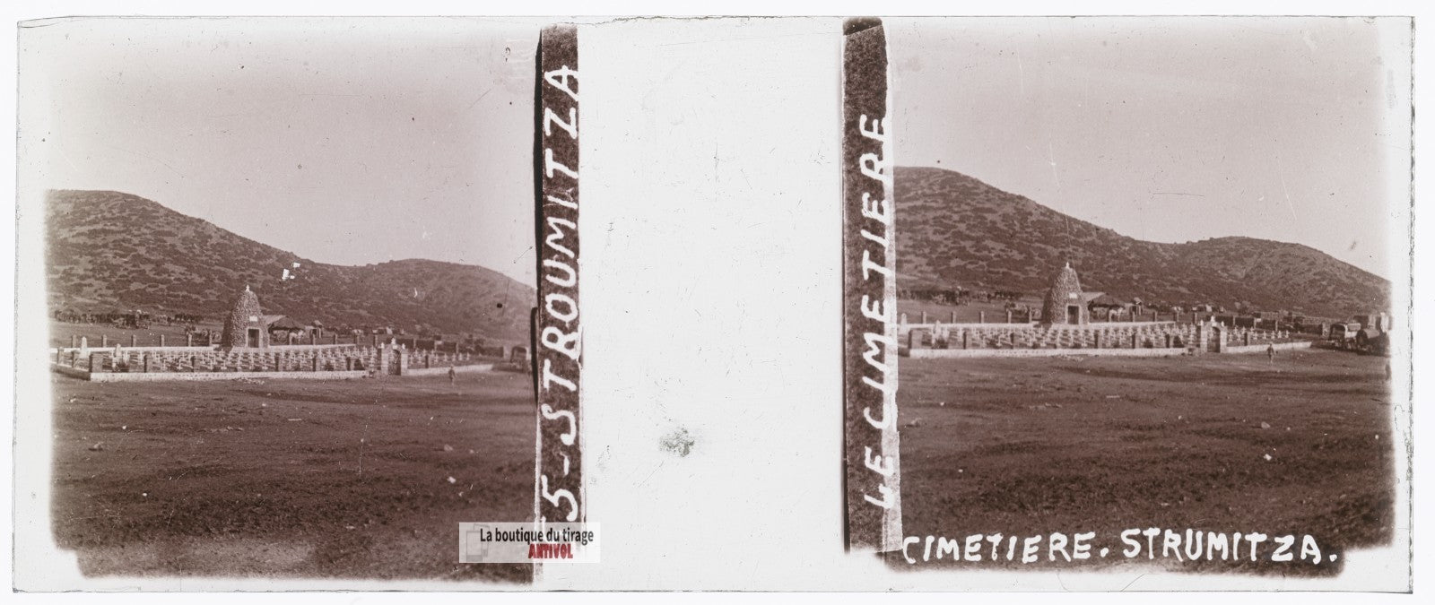 Le cimetière, Strumitza, guerre WW1, plaque verre stéréo, photo 4,5x10,7 cm