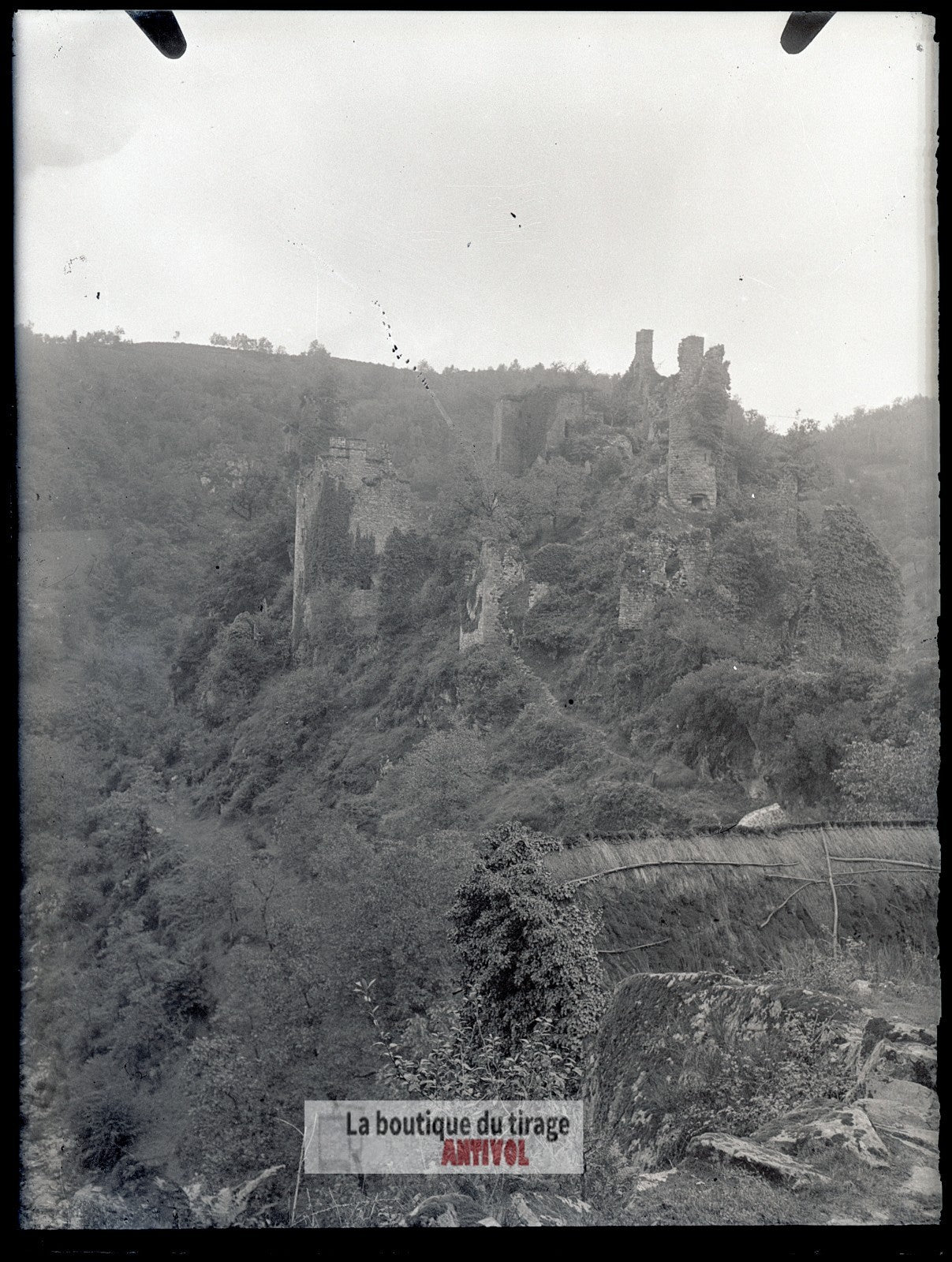 Les Tours de Merle, paysage, plaque verre, photo ancienne, négatif 9x12 cm