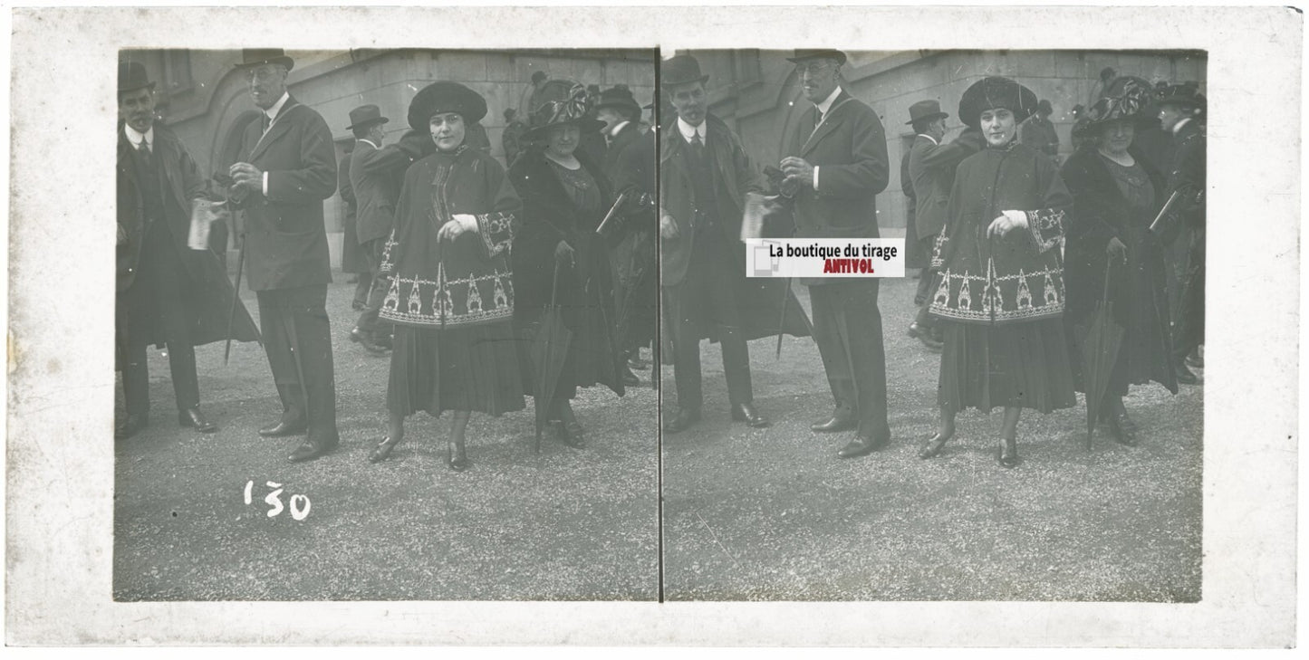 Scène de vie, Longchamp, Paris, plaque verre stéréoscopique, positif 8,5x17 cm