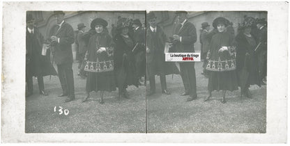 Scène de vie, Longchamp, Paris, plaque verre stéréoscopique, positif 8,5x17 cm