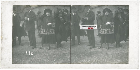 Scène de vie, Longchamp, Paris, plaque verre stéréoscopique, positif 8,5x17 cm