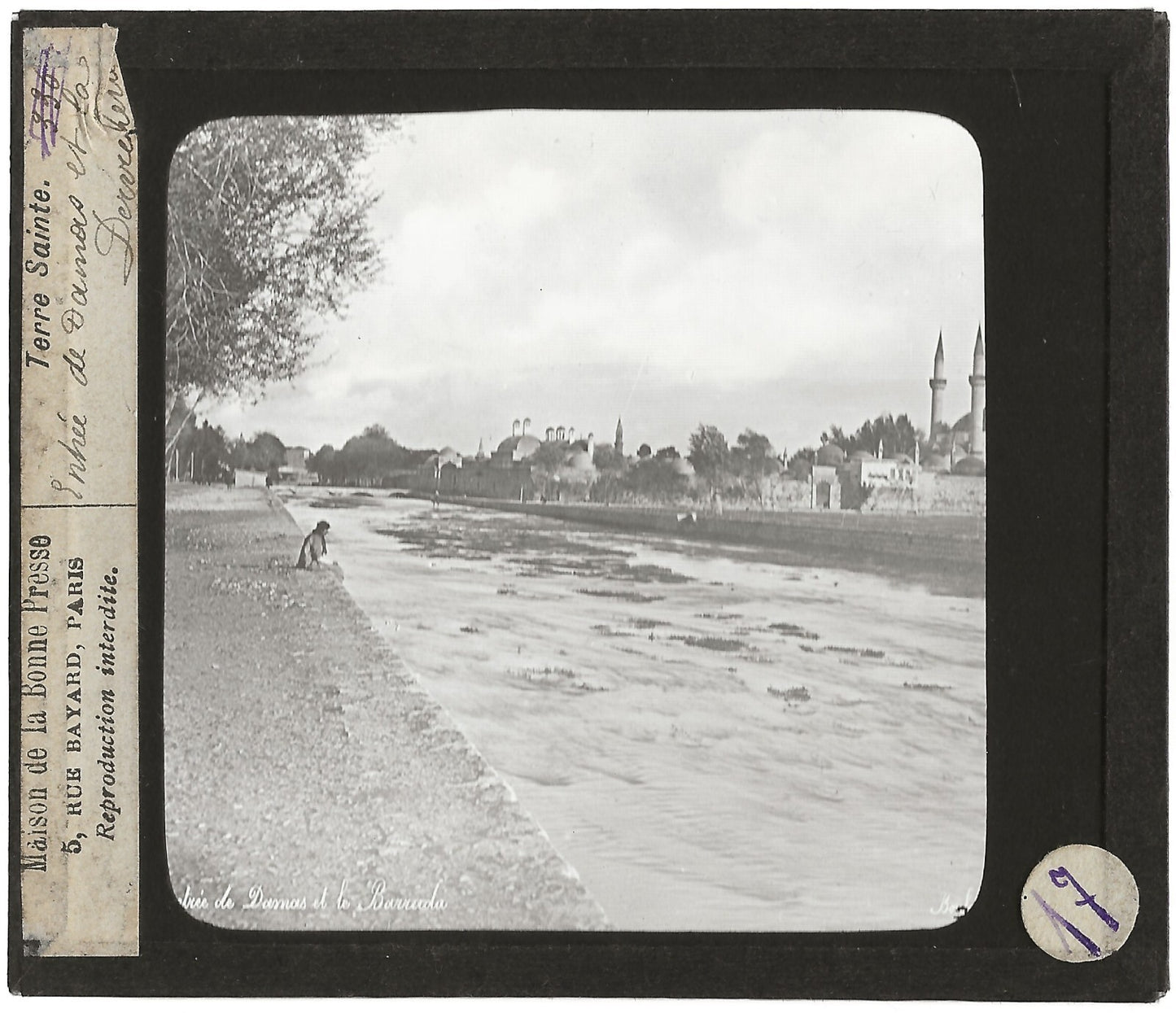 Entrée de Damas, Le Barada, photo ancienne plaque de verre, positif 8,5x10 cm
