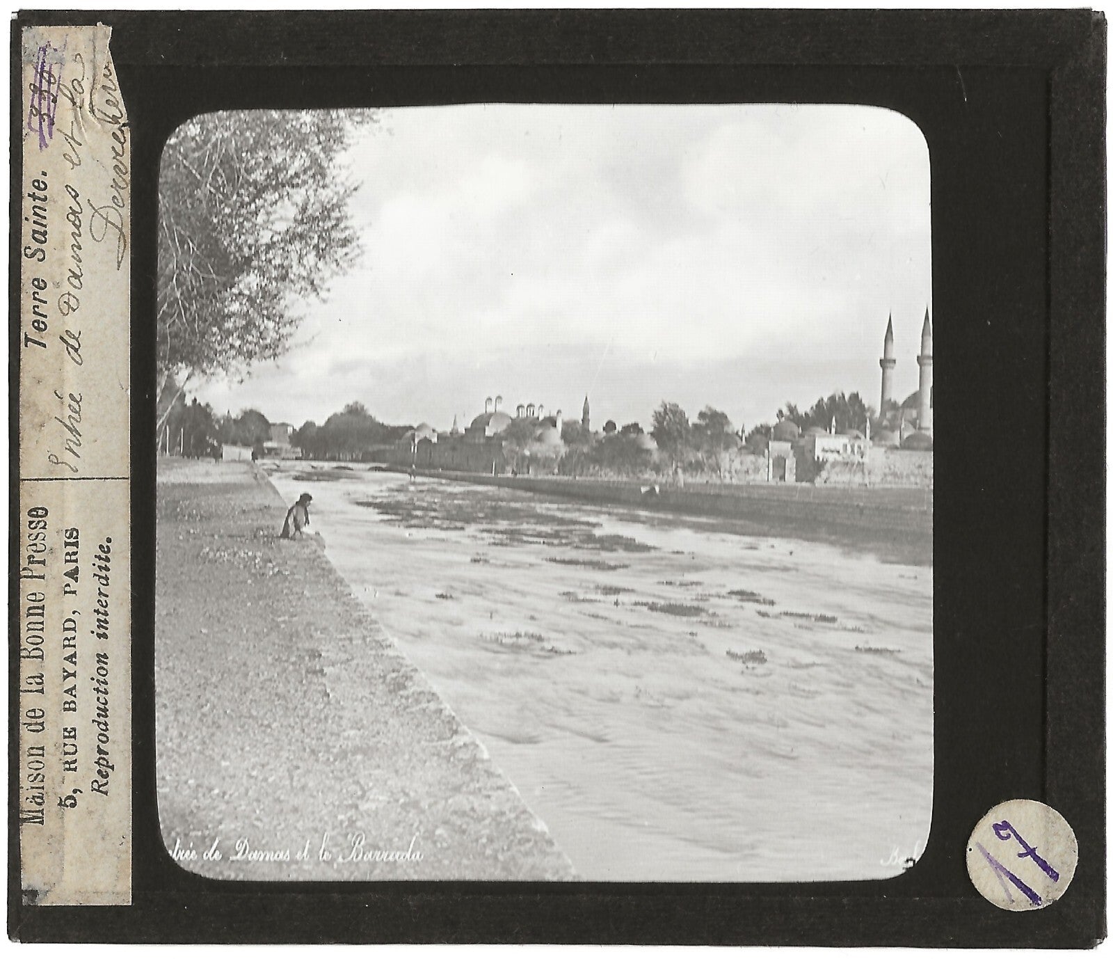 Entrée de Damas, Le Barada, photo ancienne plaque de verre, positif 8,5x10 cm