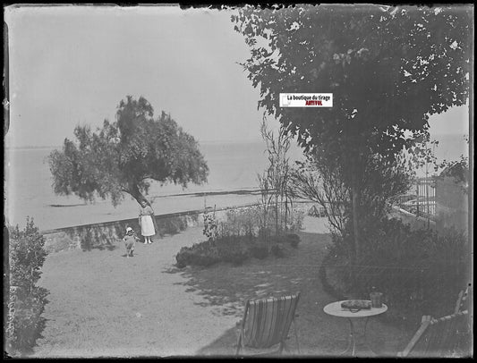 Jardin, mer, océan, Plaque verre photo ancienne, négatif noir & blanc 9x12 cm