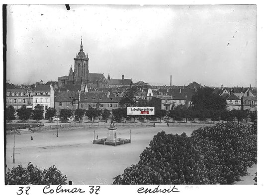 Plaque verre photo ancienne positif noir et blanc 13x18 cm Colmar place Rapp