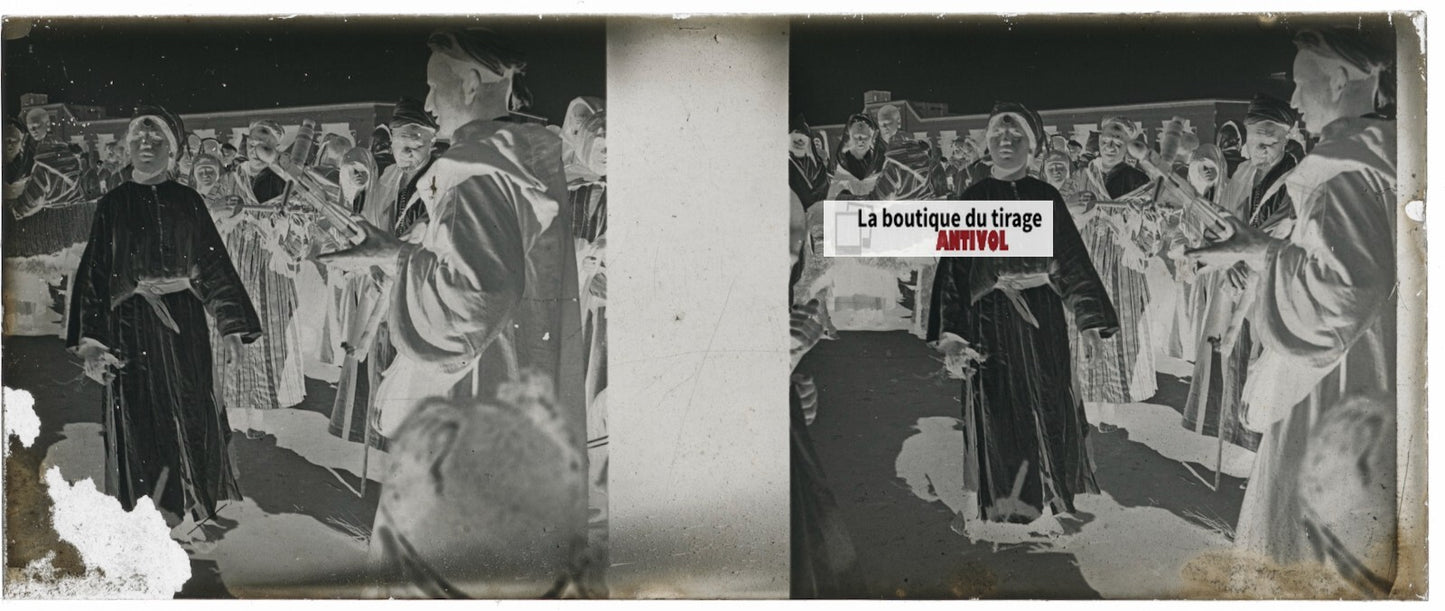 Personnages Maghreb, Plaque verre stéréo, négatif noir & blanc 4,5x10,7 cm