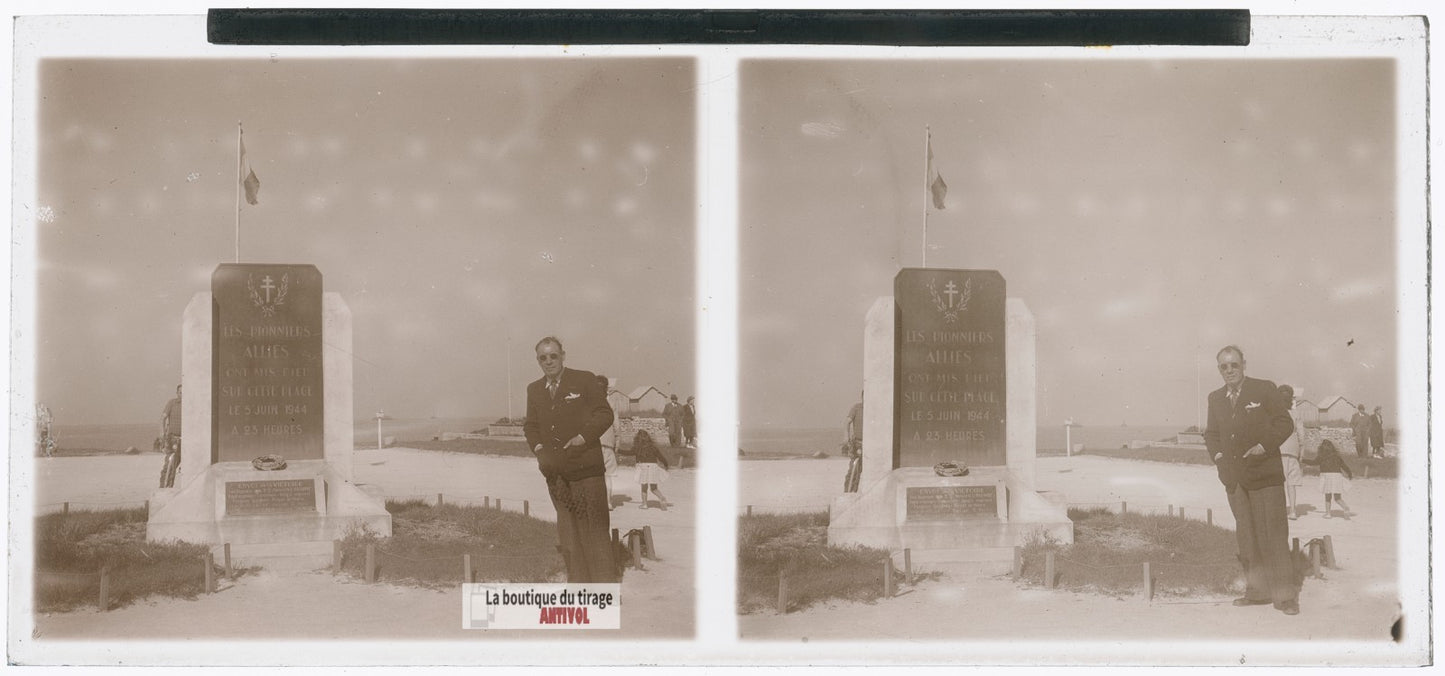 Hermanville-sur-Mer, débarquement, plaque verre photo ancienne stéréo 6x13 cm