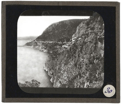 Corniche, paysage mer, France, photo ancienne plaque de verre, positif 8,5x10 cm