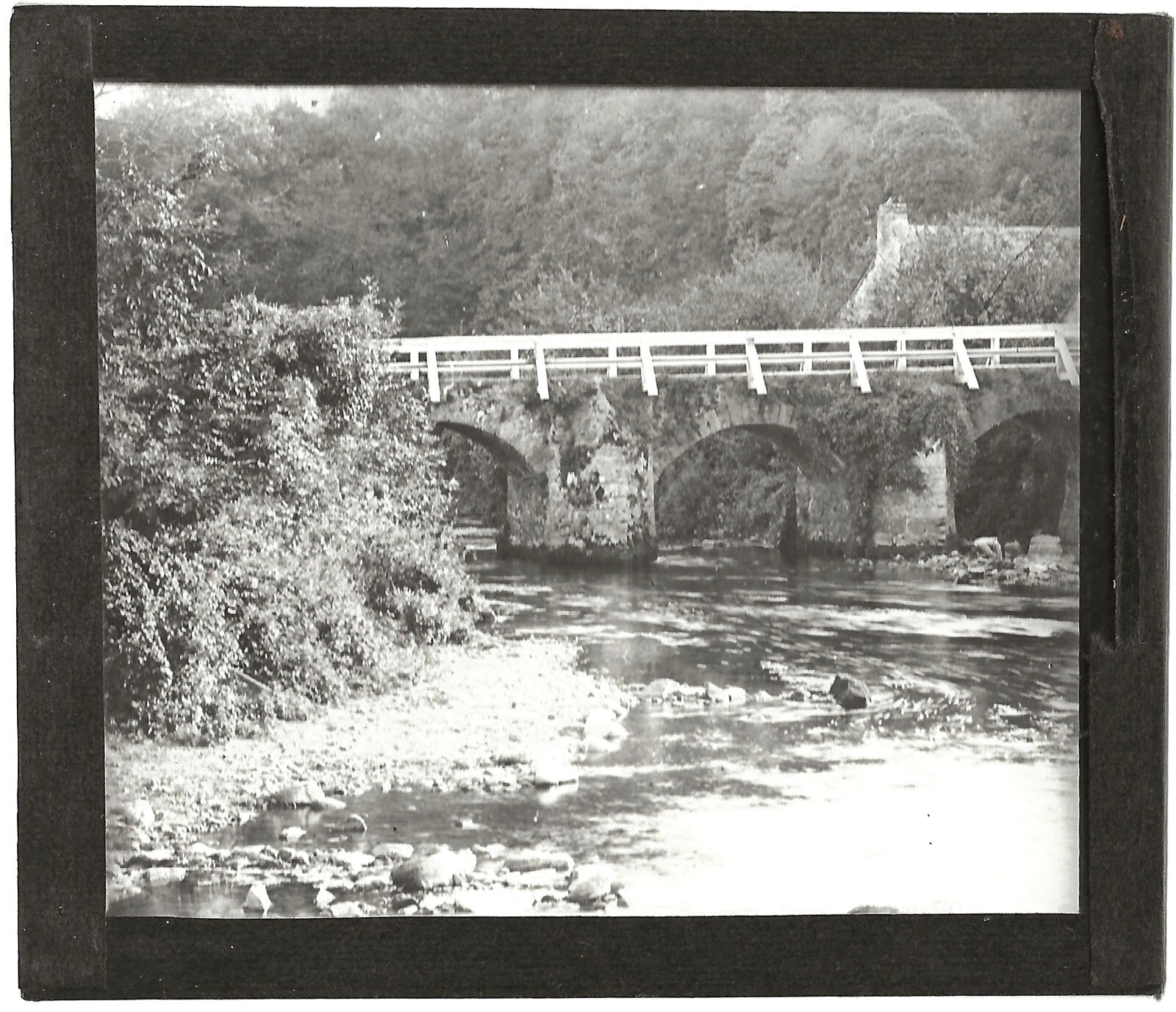 Pont, rivière campagne, photo ancienne plaque de verre, positif 8,5x10 cm