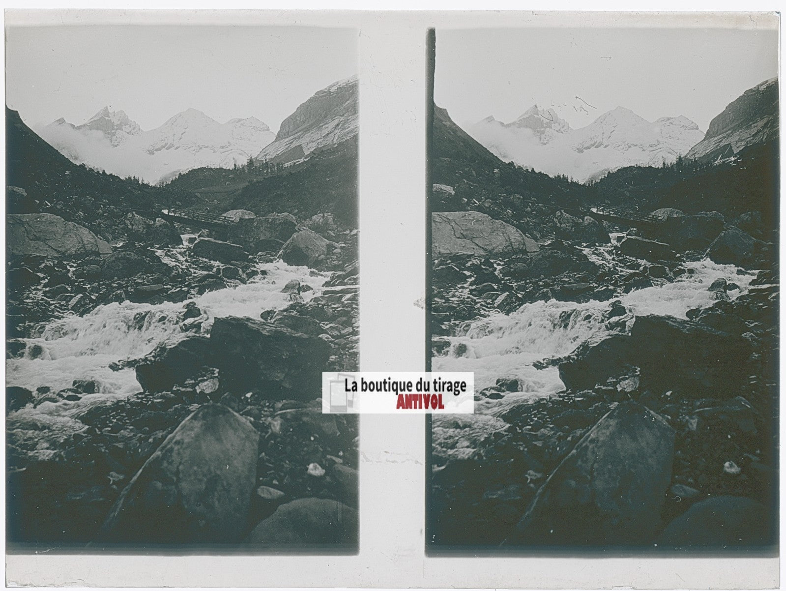 Torrent montagne, Alpes Suisse, stéréo photo plaque verre, noir & blanc, 9x12 cm